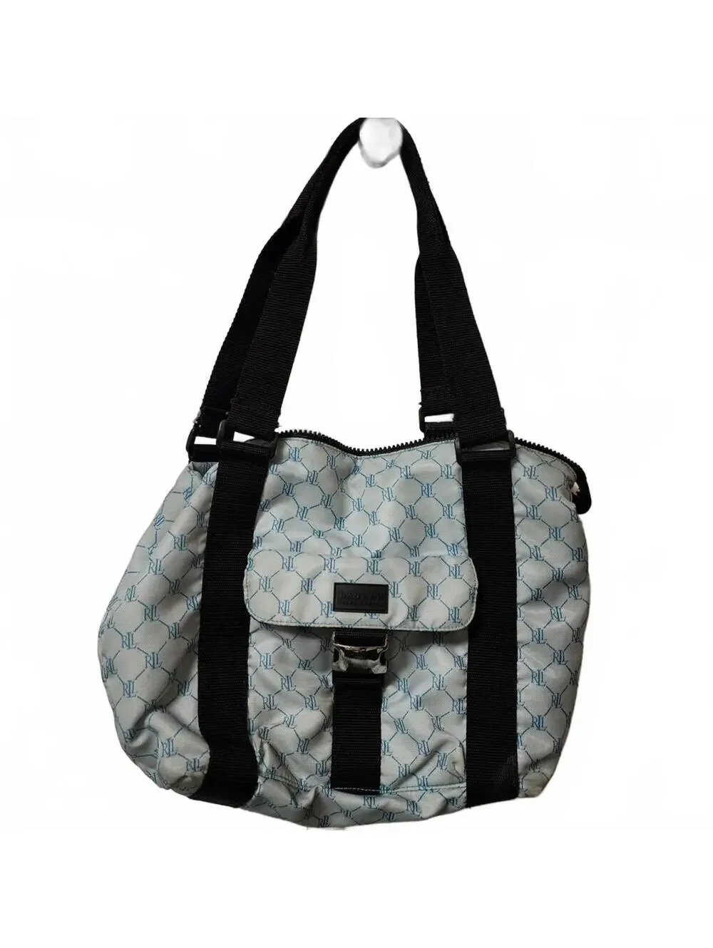 Vintage Ralph Lauren Buckle Shoulder Monogram Handbag Tote Bag Blue Large Preppy
